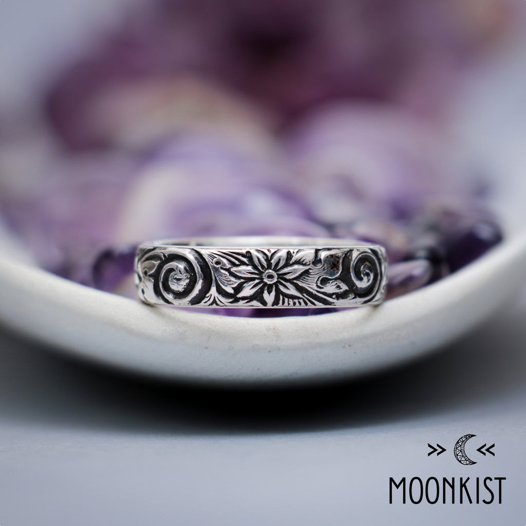 Silver Free Spirit Spiral and Flower Wedding Ring | Moonkist Designs