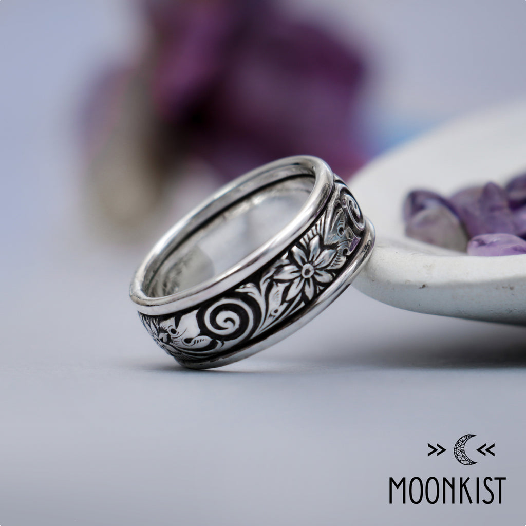 Free Spirit Wide Silver Flower and Spiral Wedding Ring | Moonkist Designs