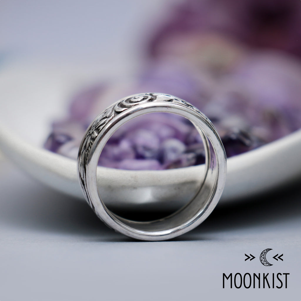 Free Spirit Wide Silver Flower and Spiral Wedding Ring | Moonkist Designs
