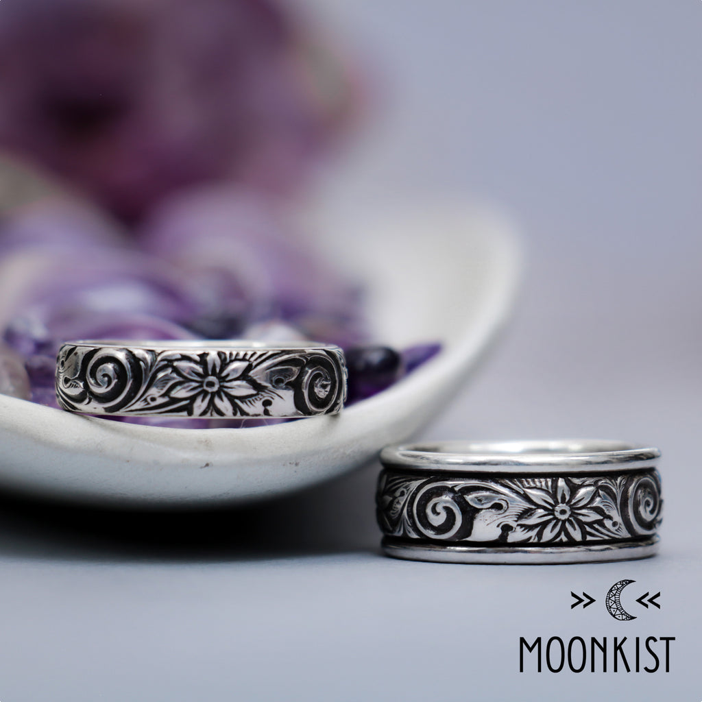 Spiral and Flower Sterling Silver Matching Wedding Bands | Moonkist Designs
