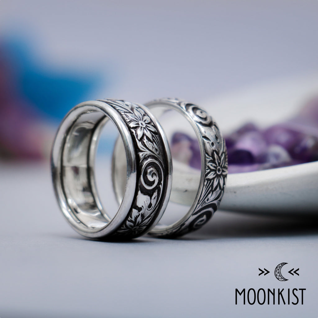 Spiral and Flower Sterling Silver Matching Wedding Bands | Moonkist Designs