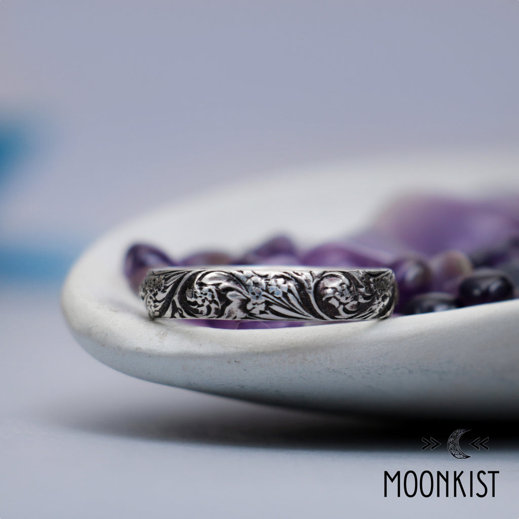 Silver Floral Pattern Mens Wedding Ring | Moonkist Designs