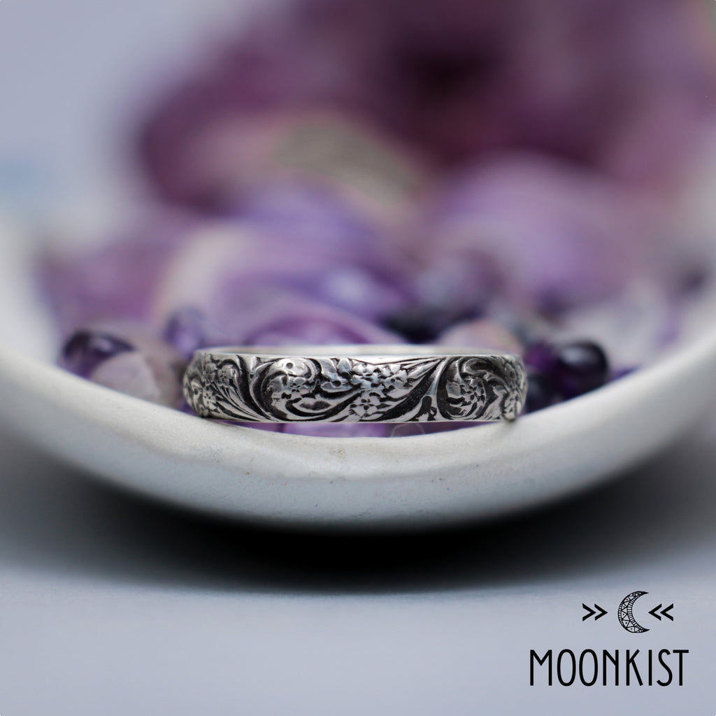 Silver Floral Pattern Mens Wedding Ring | Moonkist Designs