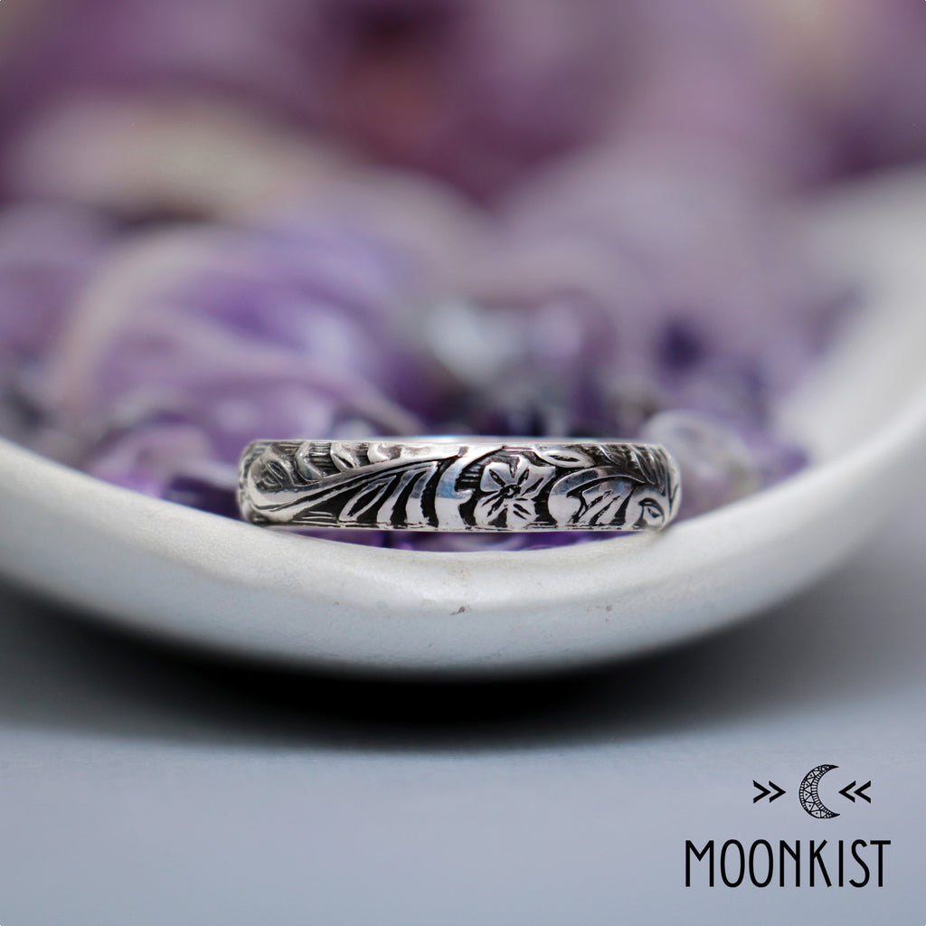 Nature Inspired Silver Flower and Leaf Wedding Band | Moonkist Designs