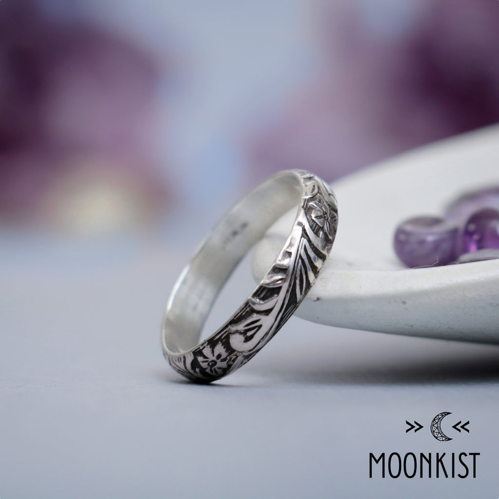 Nature Inspired Silver Flower and Leaf Wedding Band | Moonkist Designs