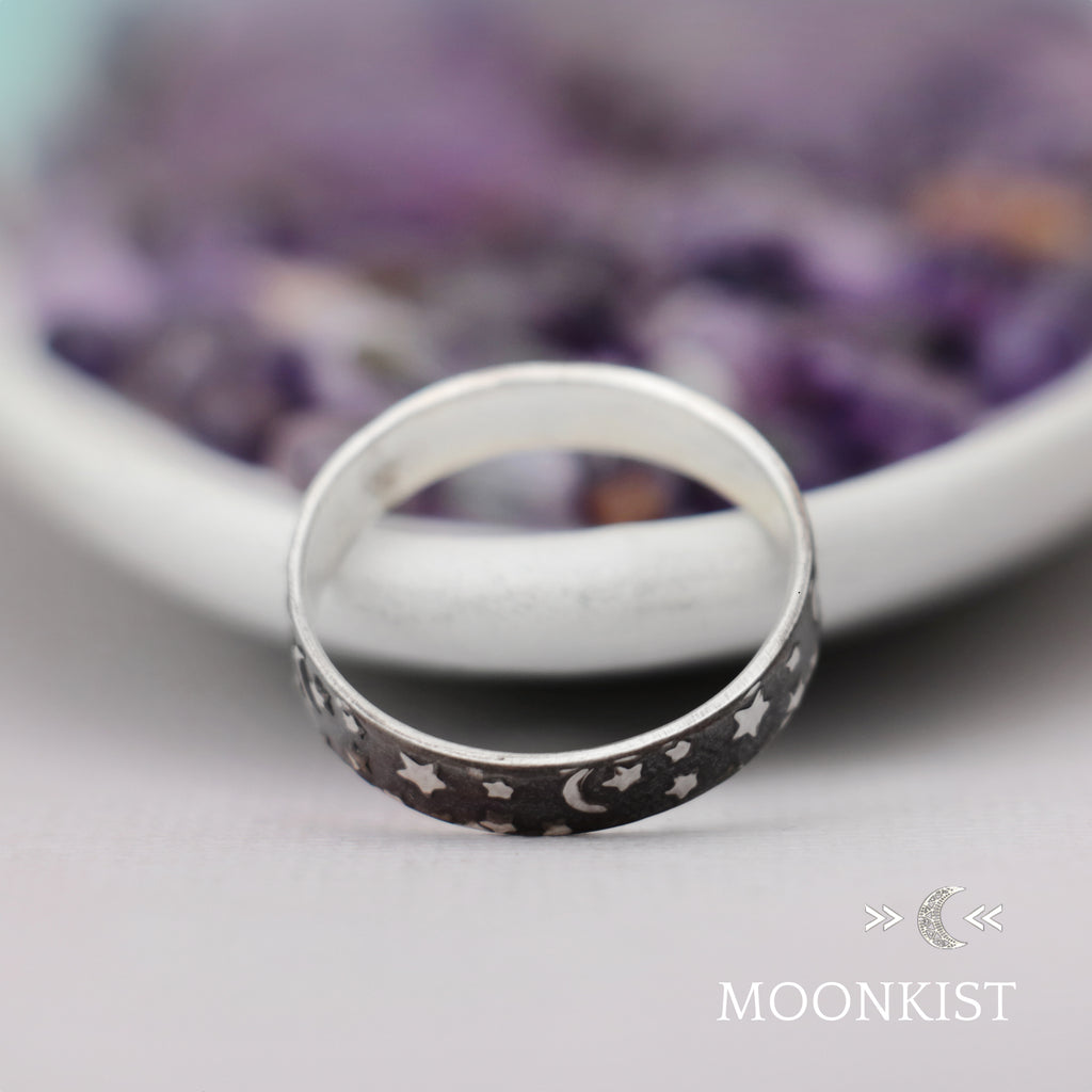 Crescent, Moon, and Stars Narrow Wedding Band  | Moonkist Designs | Moonkist Designs