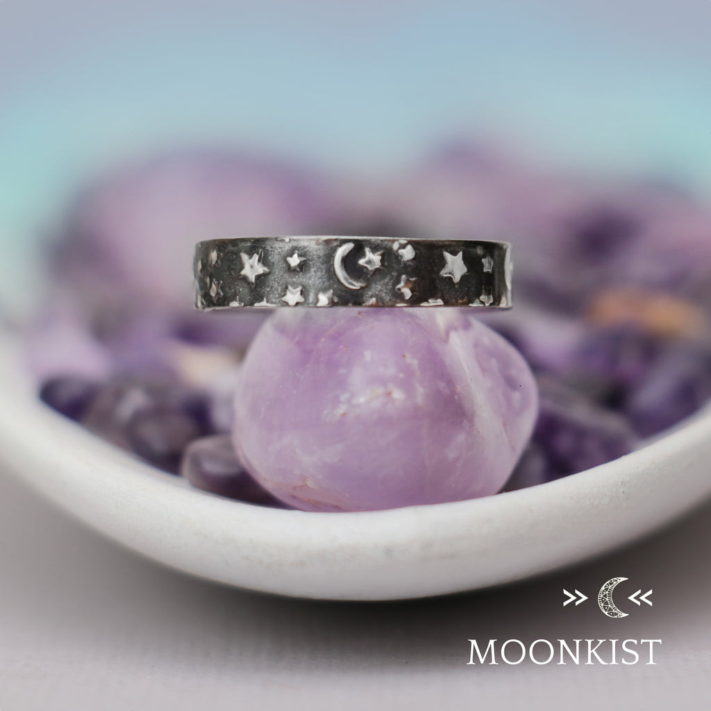 Crescent, Moon, and Stars Narrow Wedding Band  | Moonkist Designs | Moonkist Designs