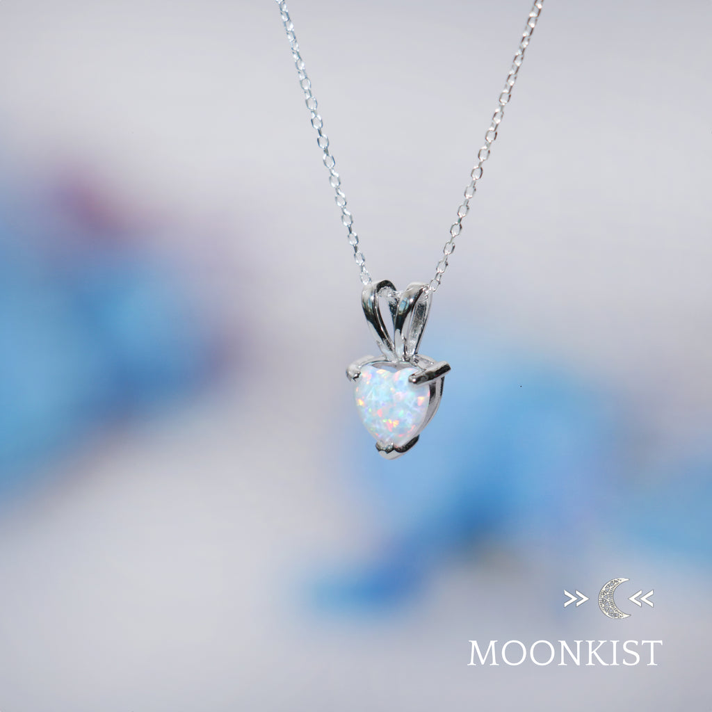 Dainty White Fire Opal Heart Necklace | Moonkist Designs