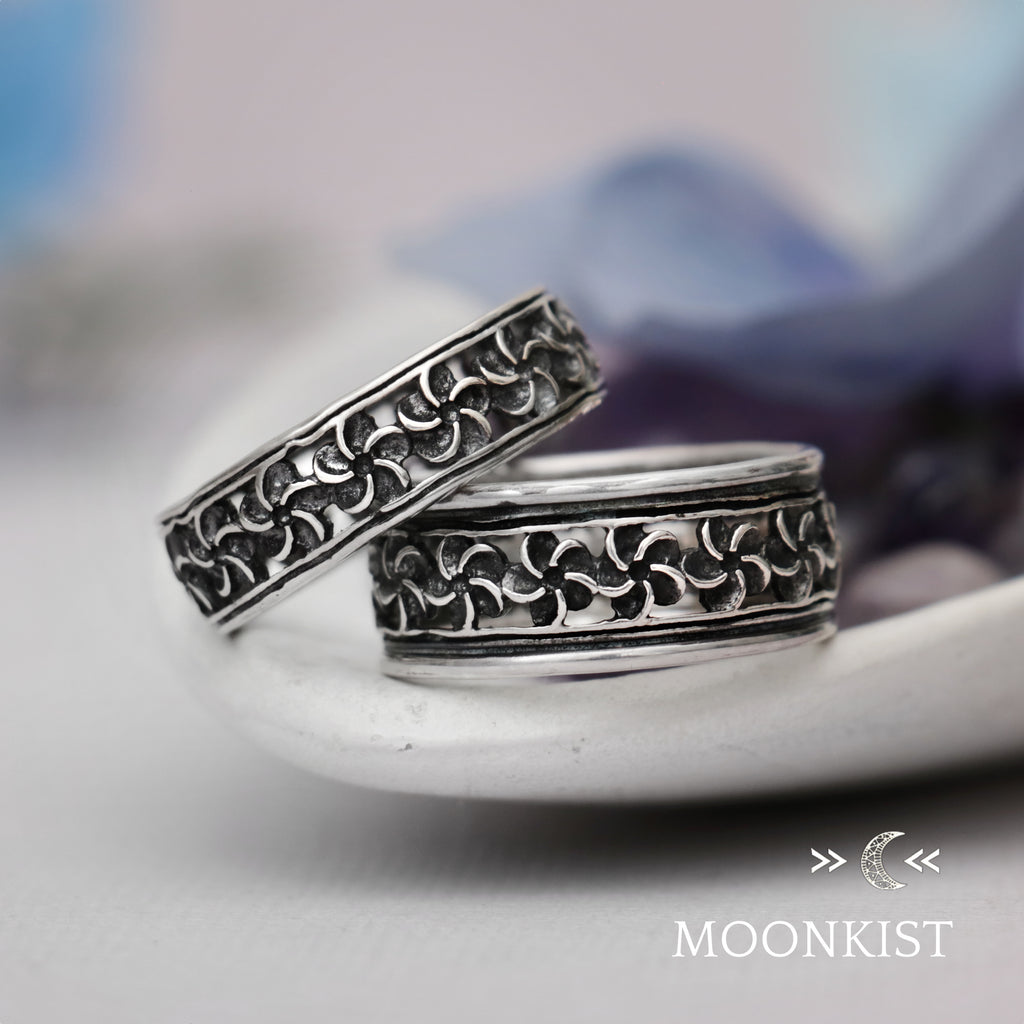 Narrow and Wide Periwinkle Flower Wedding Band Set | Moonkist Designs | Moonkist Designs