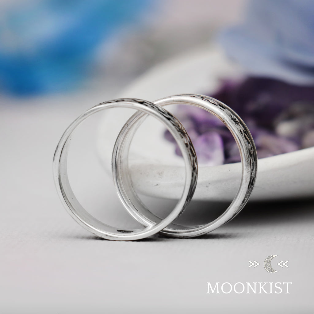 Morning Glory Flower Wide Wedding Band Set | Moonkist Designs | Moonkist Designs