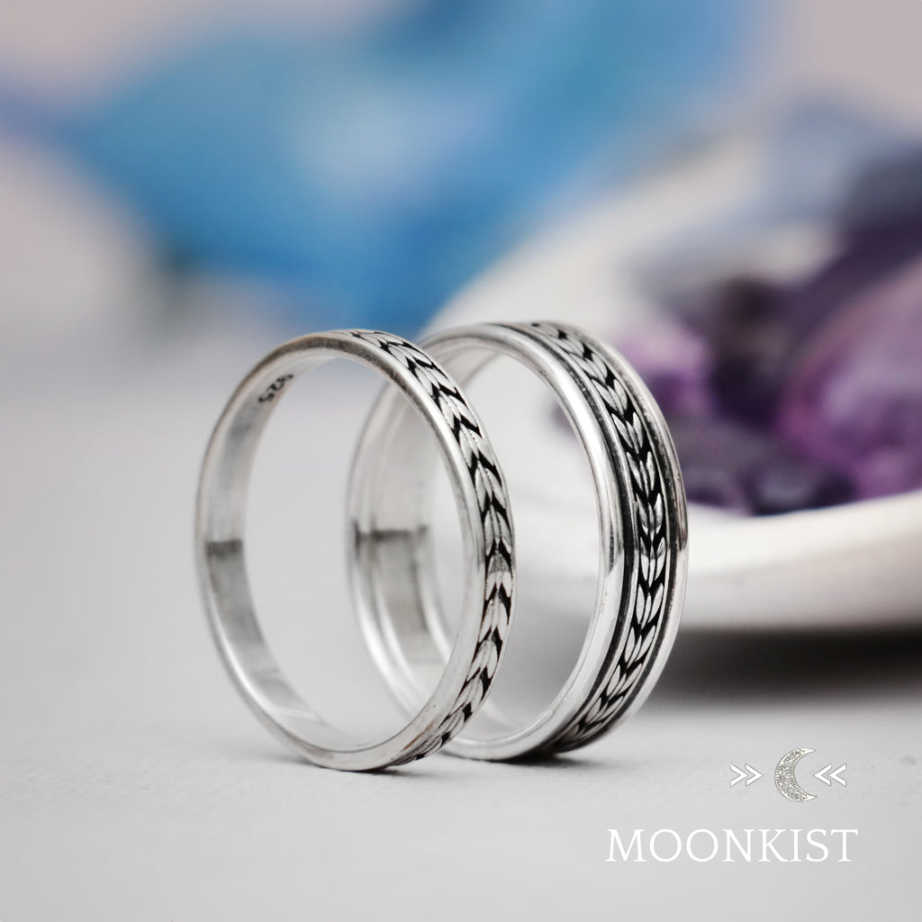 Sterling Silver Engraved Geometric Wedding Band Set  | Moonkist Designs | Moonkist Designs