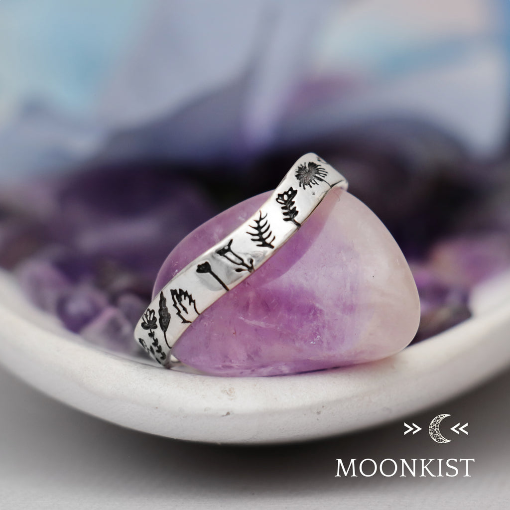 Engraved Flower Curved Sterling Silver Ring | Moonkist Designs | Moonkist Designs