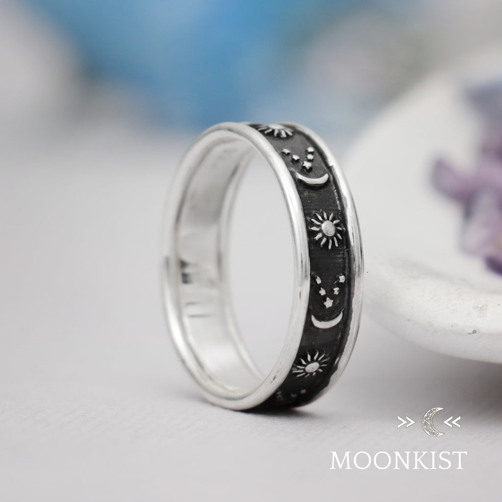 Sterling Silver Black Night Sky Wide Wedding Band  | Moonkist Designs | Moonkist Designs
