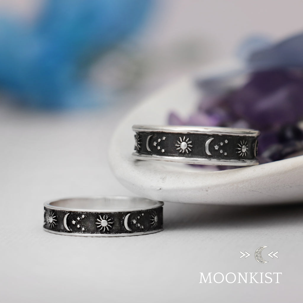 Celestial Black Moon and Stars Wedding Band Set | Moonkist Designs | Moonkist Designs
