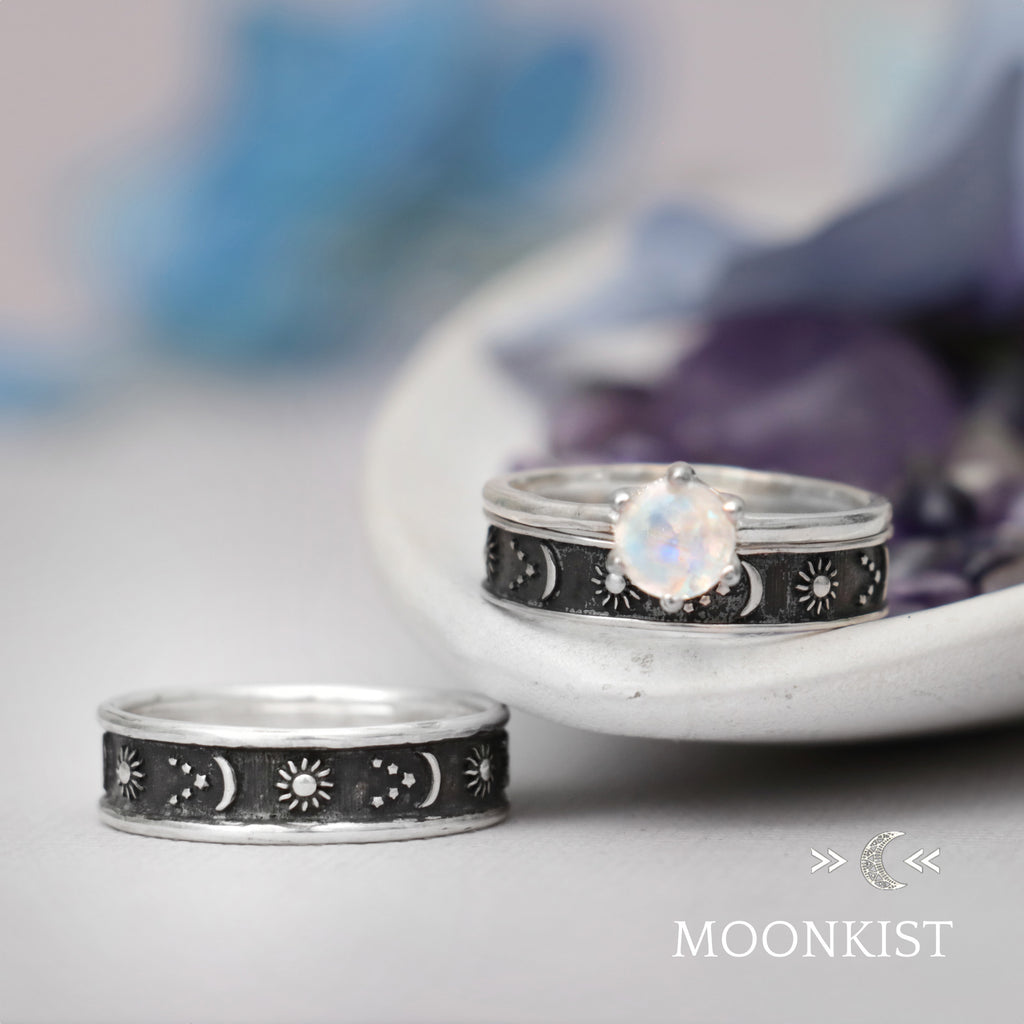 Sterling Silver Stars, Sun, and Moon Wedding Ring Set| Moonkist Designs | Moonkist Designs