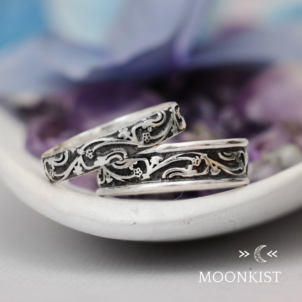 Sterling Silver Vintage Vine Wedding Band Ring Set | Moonkist Designs | Moonkist Designs