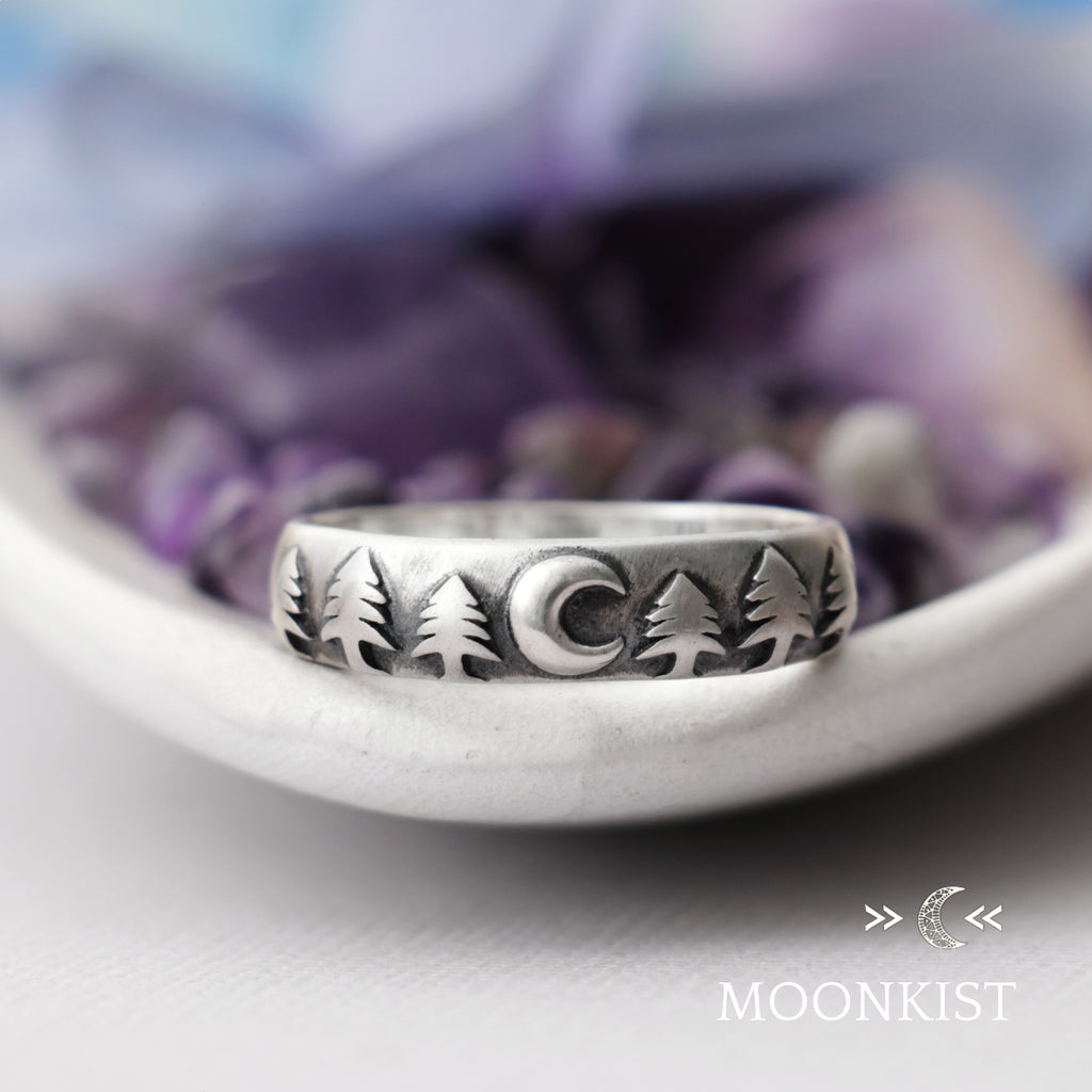 Crescent Moon and Trees Wedding Ring  | Moonkist Designs | Moonkist Designs
