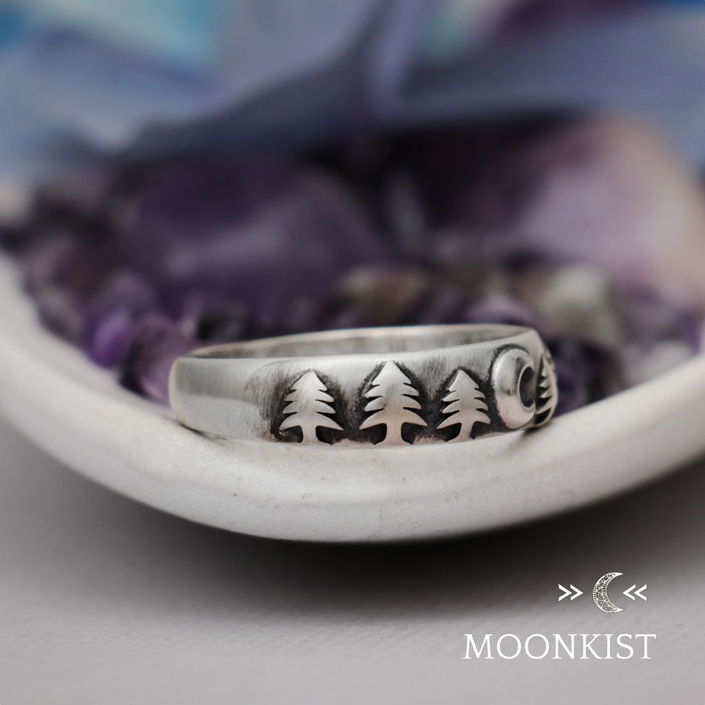Crescent Moon and Trees Wedding Ring  | Moonkist Designs | Moonkist Designs