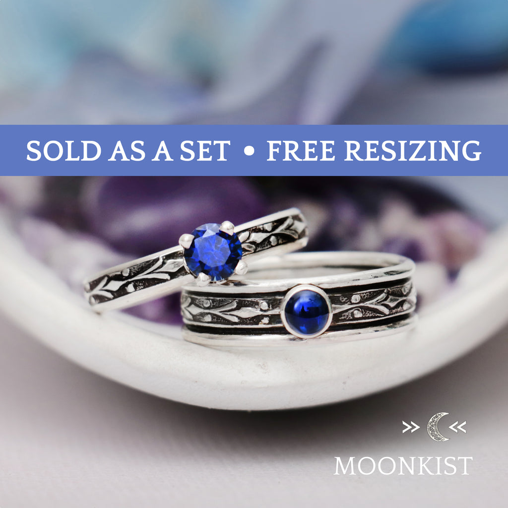 Silver Blue Sapphire Couple Promise Ring Set | Moonkist Designs