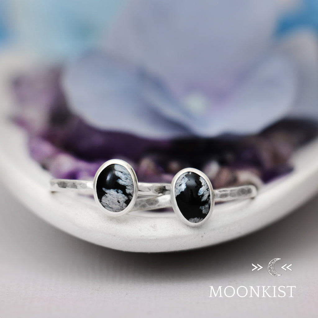 Dainty Oval Snowflake Obsidian Promise Ring | Moonkist Designs