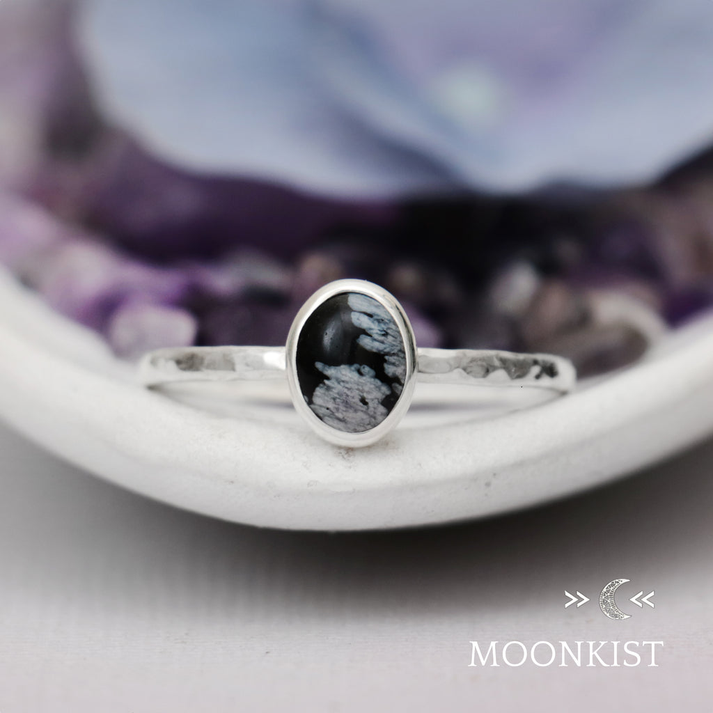 Dainty Oval Snowflake Obsidian Promise Ring | Moonkist Designs