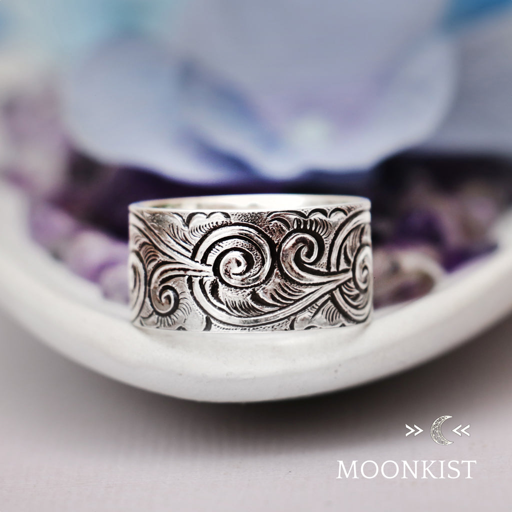 Wide Silver Vintage Pattern Wedding Ring | Moonkist Designs