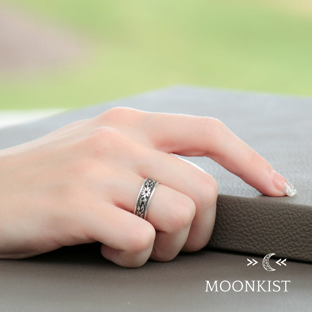 Sterling Silver Morning Glory Flower Wide Wedding Band | Moonkist Designs | Moonkist Designs