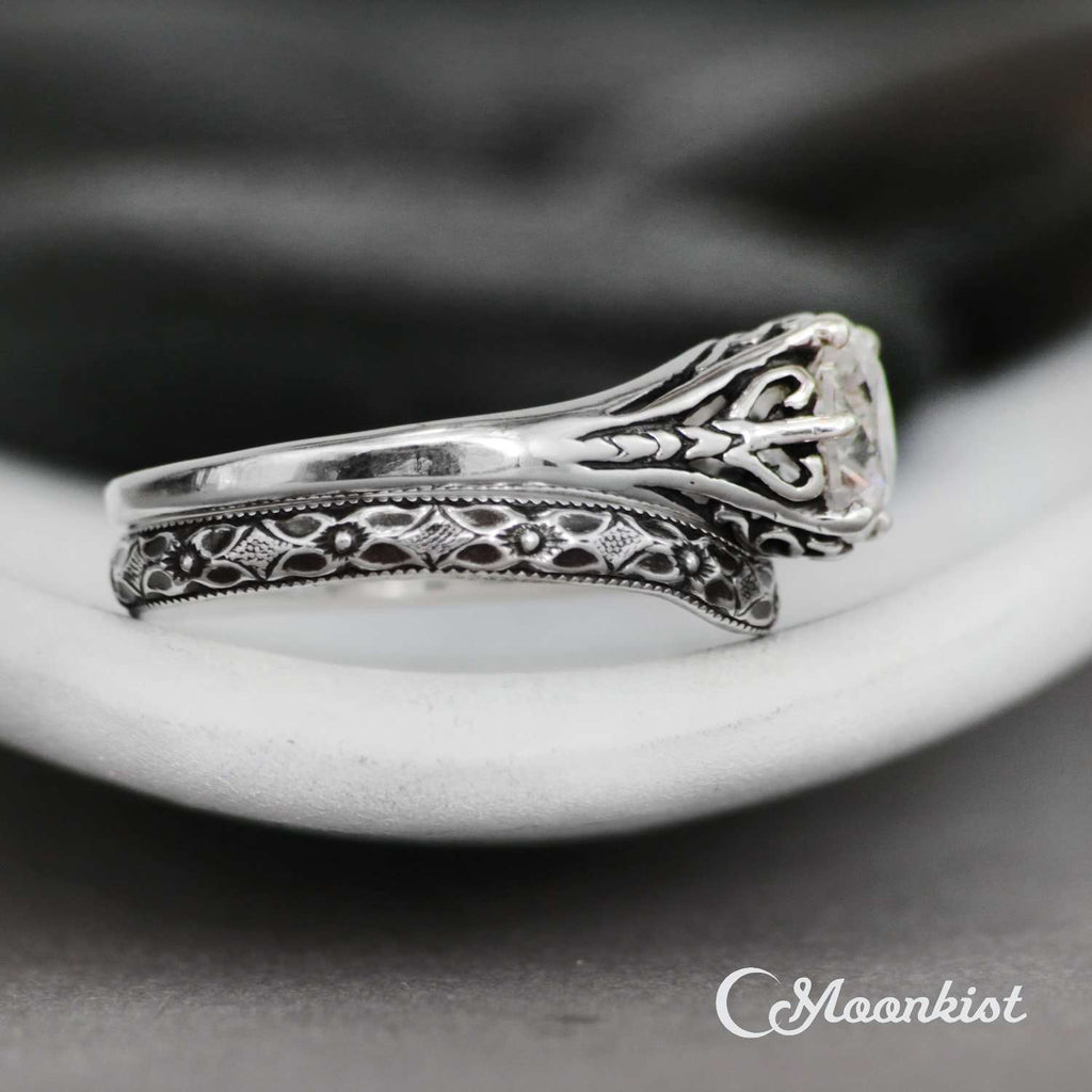 1.5 ct Antique Style Filigree Bridal Ring Set with Curved Wedding Band | Moonkist Designs