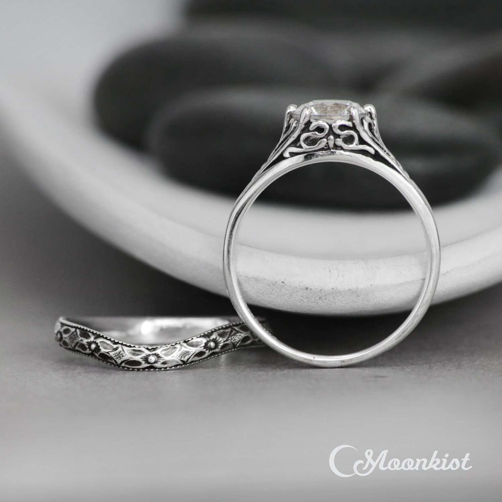 1.5 ct Antique Style Filigree Bridal Ring Set with Curved Wedding Band | Moonkist Designs