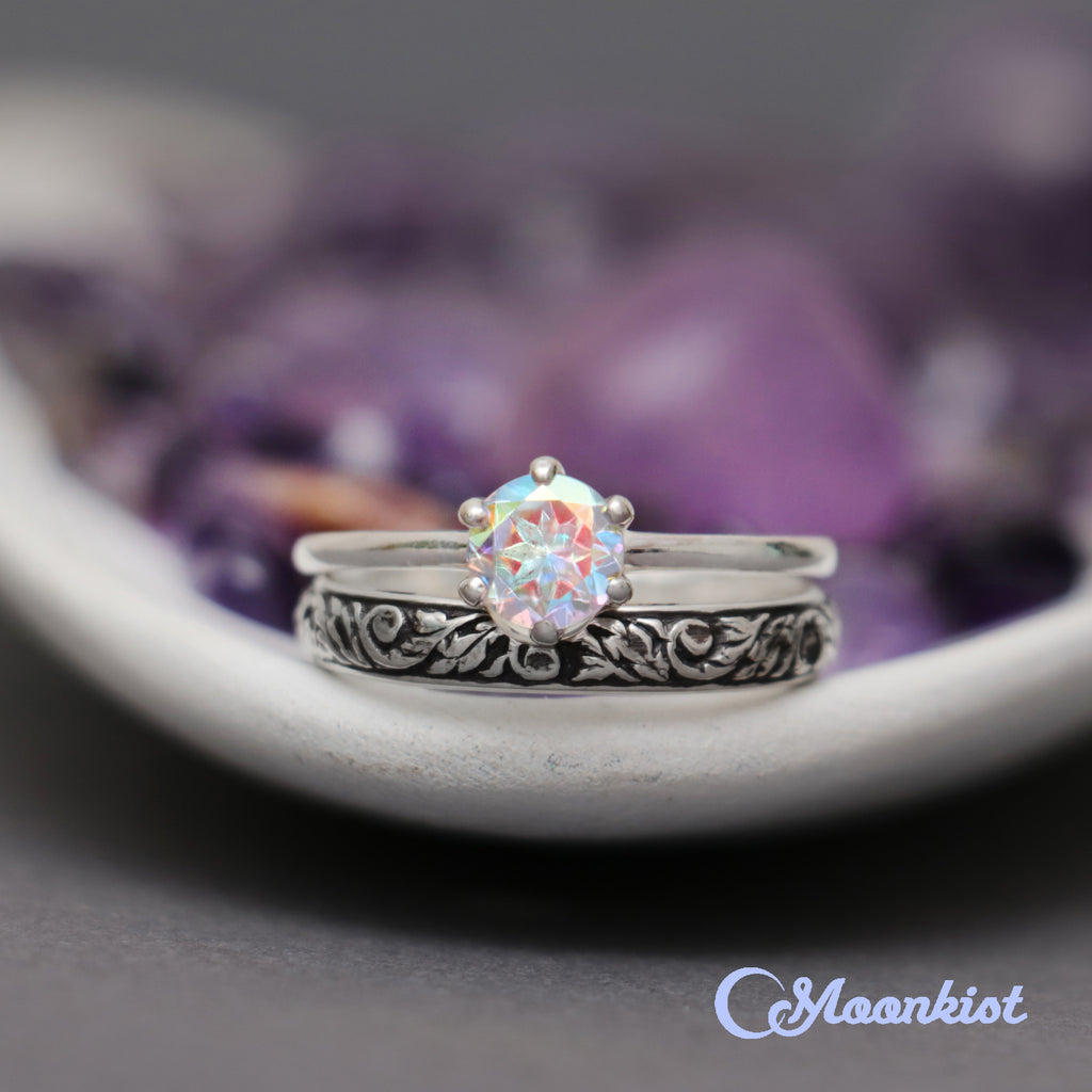 Nature Inspired Classic Engagement Ring and Vine Wedding Band | Moonkist Designs | Moonkist Designs