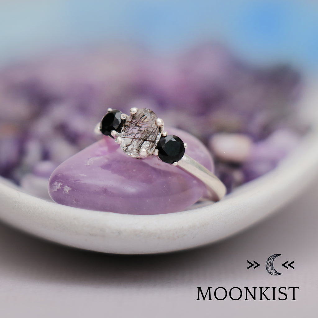 Natural Black Rutilated Quartz 3 Stone Ring | Moonkist Designs | Moonkist Designs