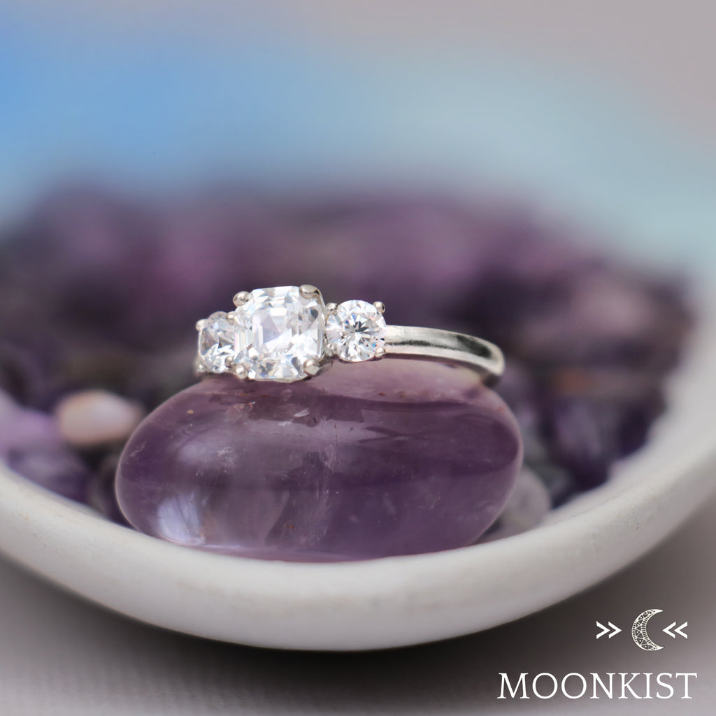 Unique 3 Stone Asscher cut Moissanite Engagement Ring| Moonkist Designs | Moonkist Designs