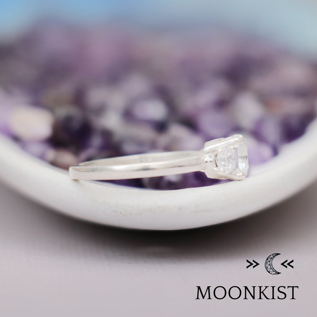 Unique 3 Stone Asscher cut Moissanite Engagement Ring| Moonkist Designs | Moonkist Designs