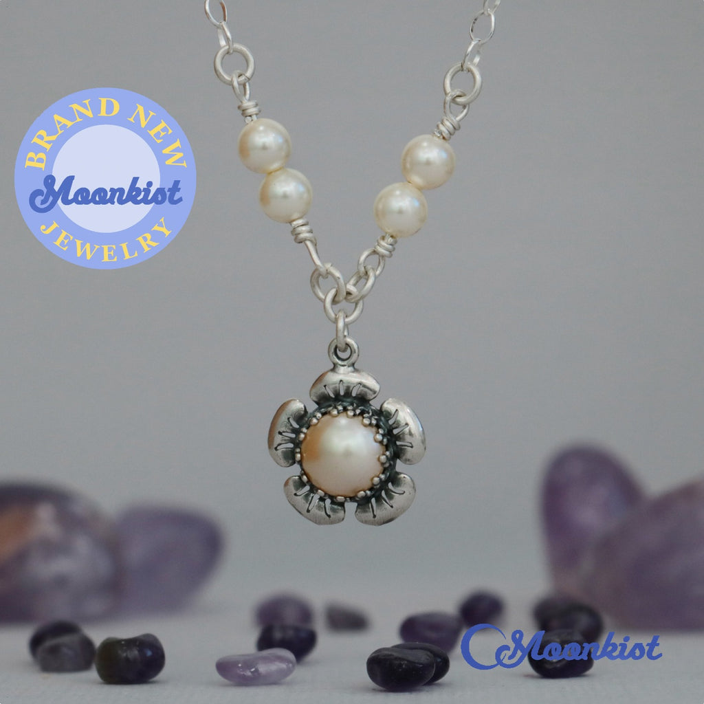 Pearl Flower Necklace, Sterling Silver Periwinkle Pendant | Moonkist Designs