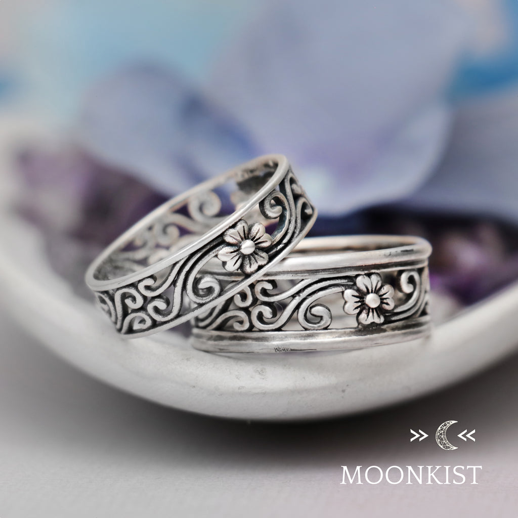 Magnolia Flower Couples Wedding Ring Set | Moonkist Designs | Moonkist Designs