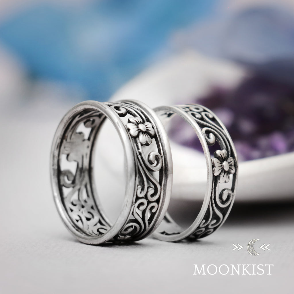 Magnolia Flower Couples Wedding Ring Set | Moonkist Designs | Moonkist Designs