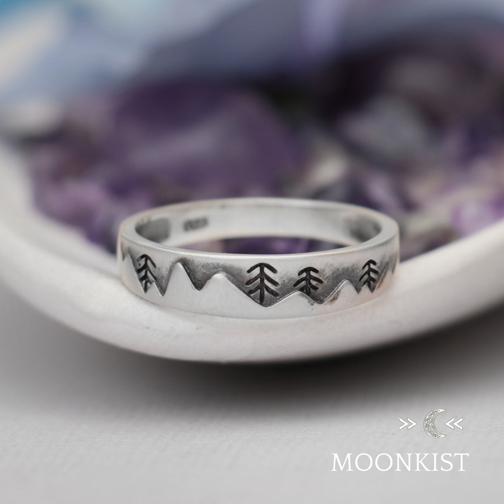 Narrow Mountain Landscape Wedding Band | Moonkist Designs | Moonkist Designs