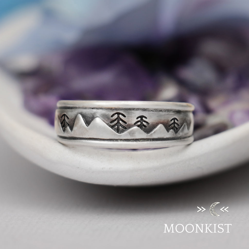 Narrow Mountain Landscape Wedding Band | Moonkist Designs | Moonkist Designs