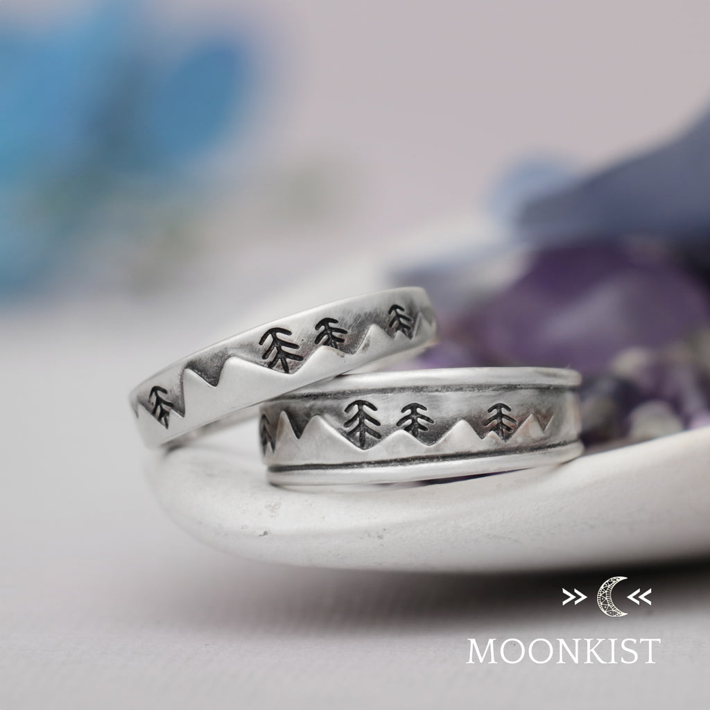 Narrow and Wide Mountain Landscape Wedding Band | Moonkist Designs | Moonkist Designs