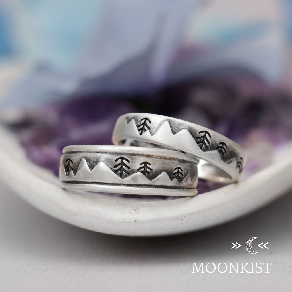 Narrow and Wide Mountain Landscape Wedding Band | Moonkist Designs | Moonkist Designs
