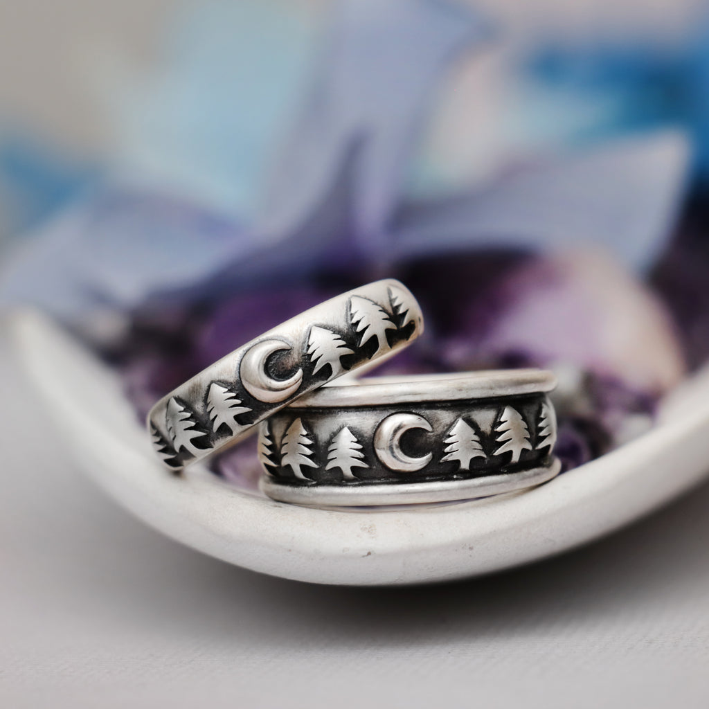 His and Her Moon and Trees Wedding Band Set | Moonkist Designs | Moonkist Designs