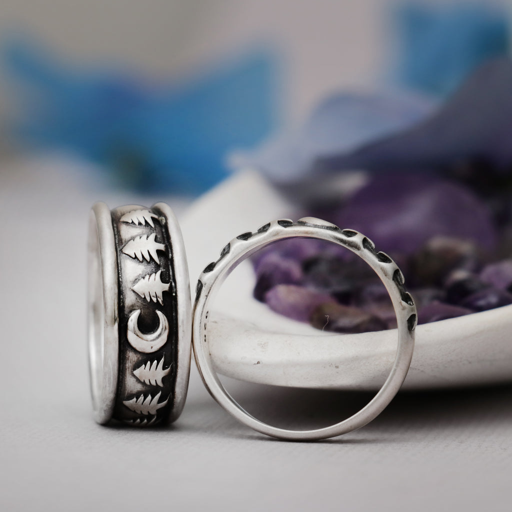 His and Her Moon and Trees Wedding Band Set | Moonkist Designs | Moonkist Designs