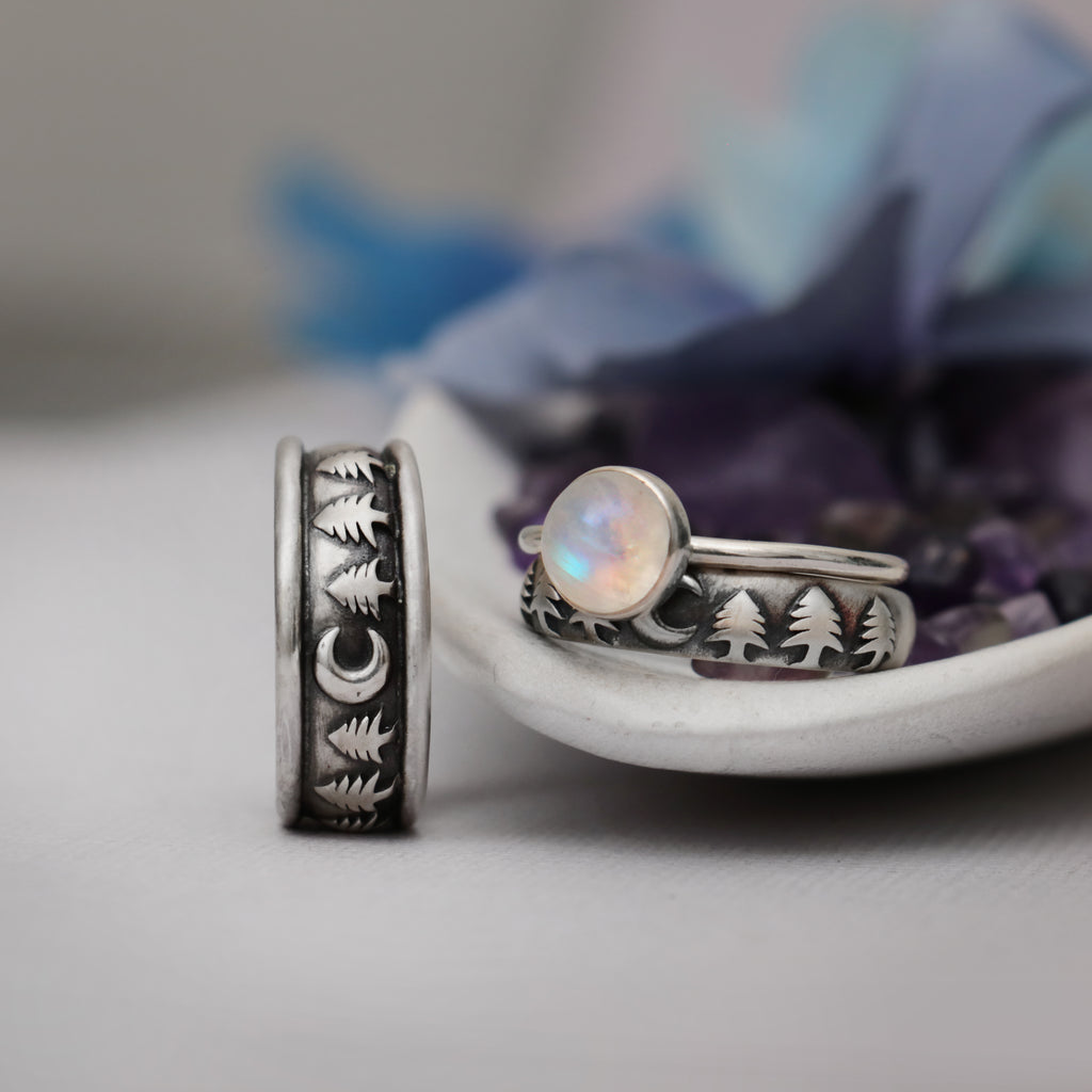 Nature Moon and Tree 3 piece Wedding Ring Set  | Moonkist Designs | Moonkist Designs