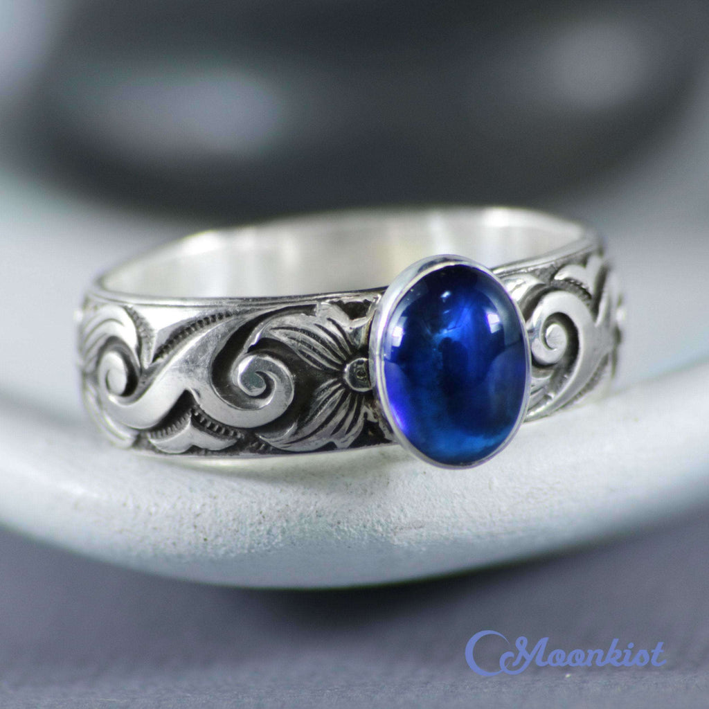 Antique Style Oval Blue Sapphire Scroll Promise Ring 925 Sterling Silver | Moonkist Designs