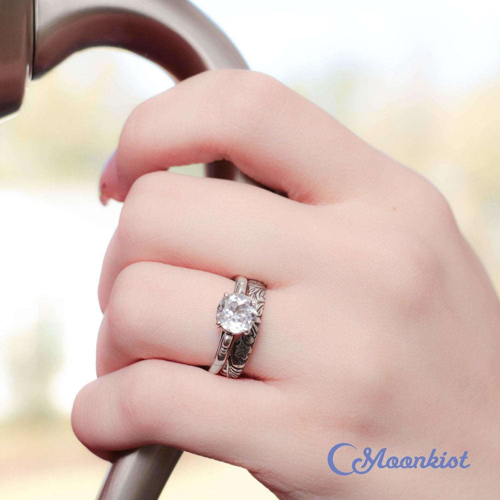 Antique Style Scroll Engagement Ring Set with Vintage Floral Band | Moonkist Designs