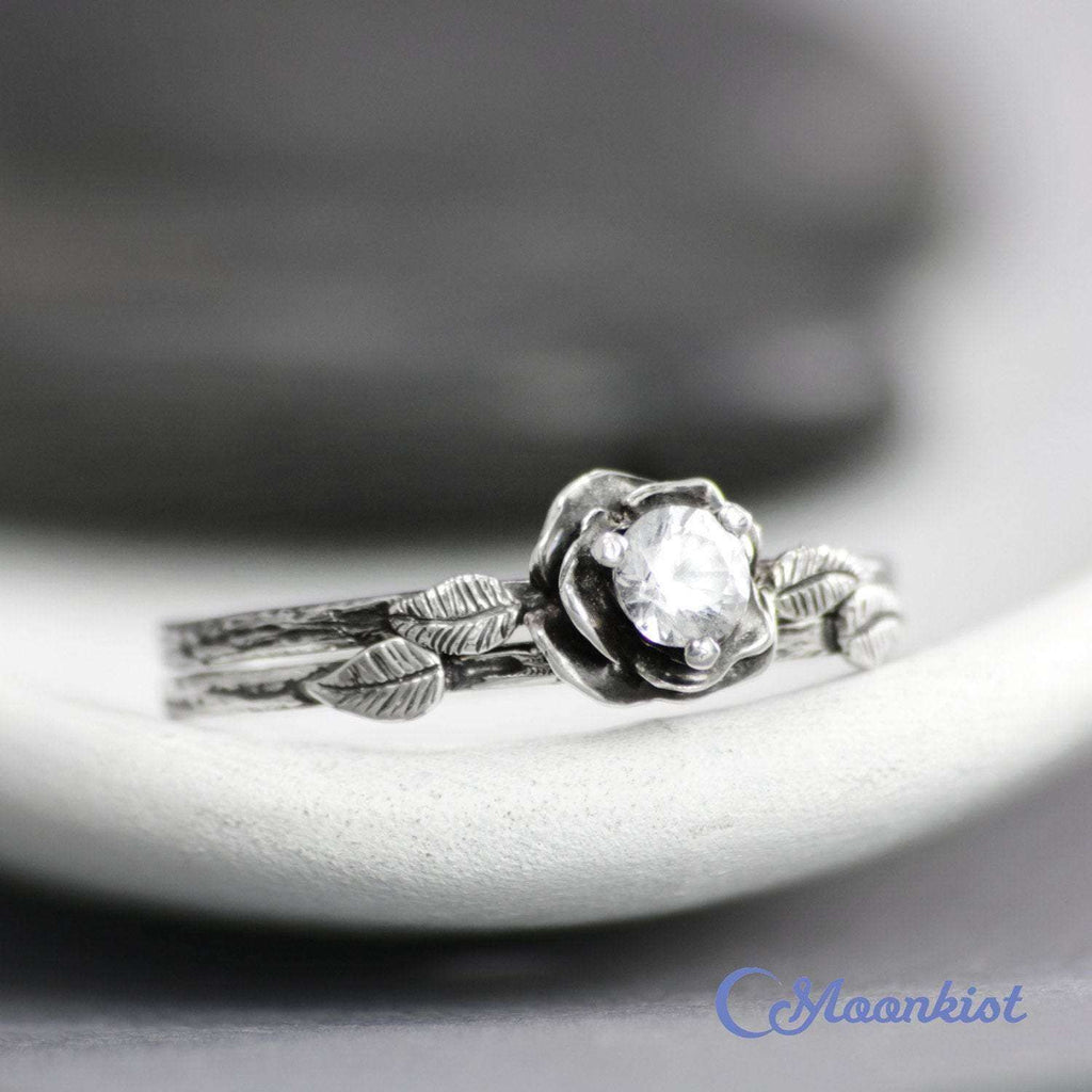 Blooming Rose Bridal Set with Leaf Wedding Ring | Moonkist Designs