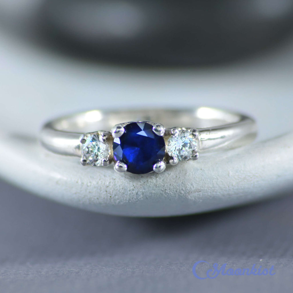 Blue Sapphire and White Sapphire Three Stone Engagement Ring | Moonkist Designs