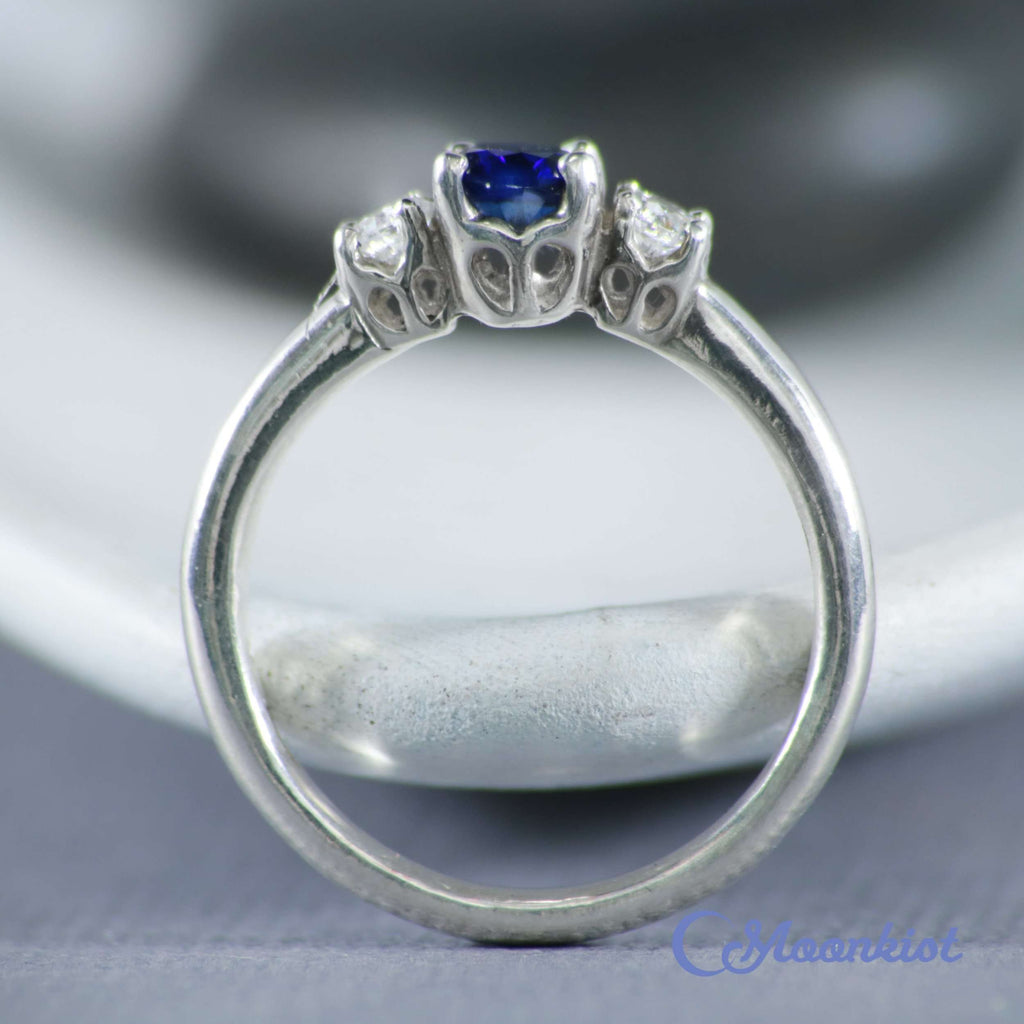 Blue Sapphire and White Sapphire Three Stone Engagement Ring | Moonkist Designs