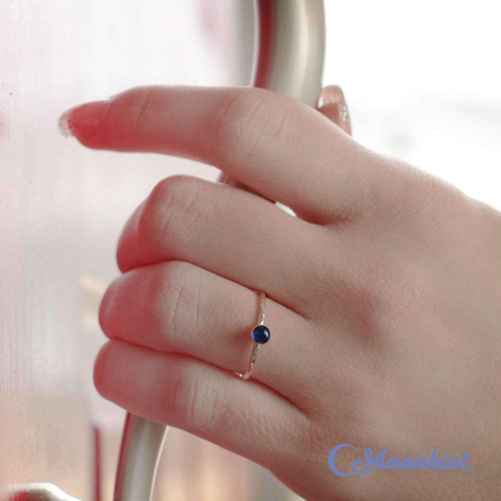 Dainty flower pinky ring silver, tiny blue gemstone boho ring size