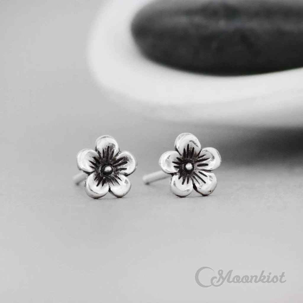 Dainty Silver Cherry Blossom Stud Earrings for Women | Moonkist Designs